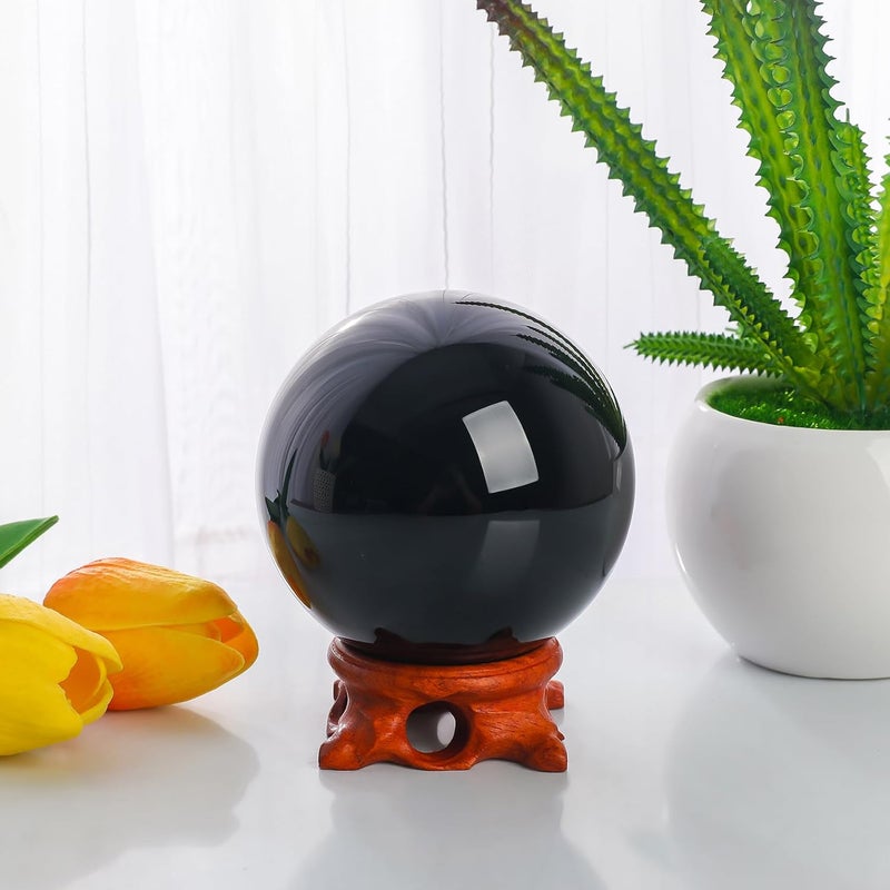 Modaier Black Obsidian Crystal Ball 80mm/3.1 inch with Rose Wooden Stand and Gift Box for Home Decor, Meditation,Fortune Teller,Feng Shui,Halloween,Magic,Quartz Crystal Orb Prop Decorative Glass Sphere - Image 3